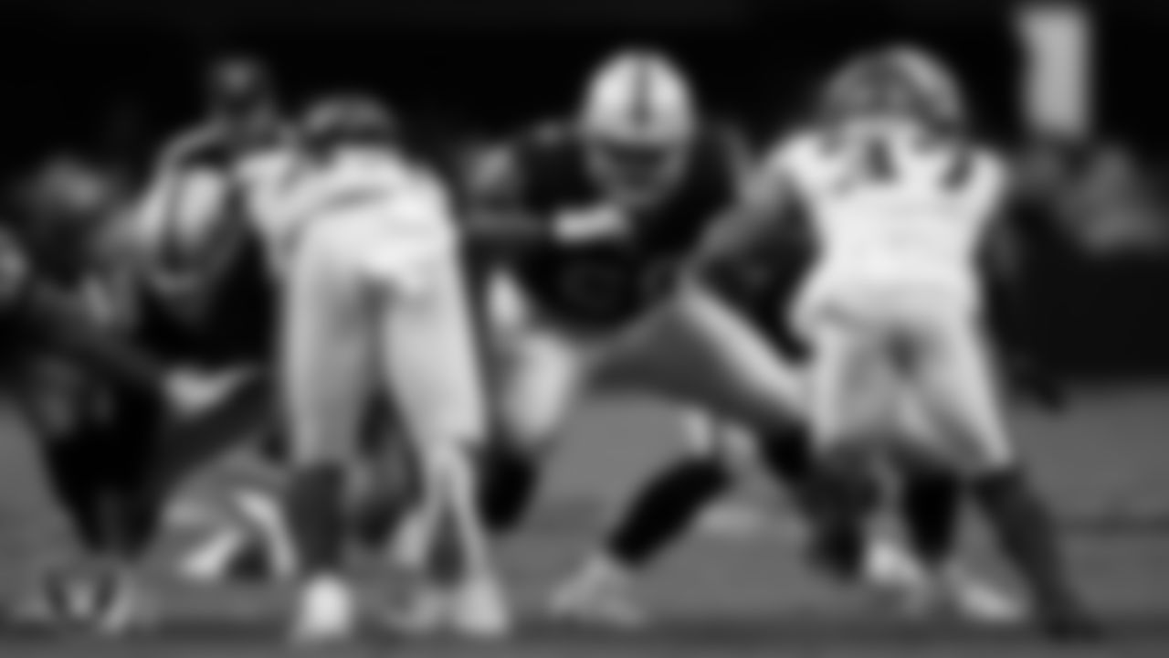 Las Vegas Raiders offensive lineman Tyrone Wheatley Jr. (60) blocks during the preseason home game against the Minnesota Vikings at Allegiant Stadium.