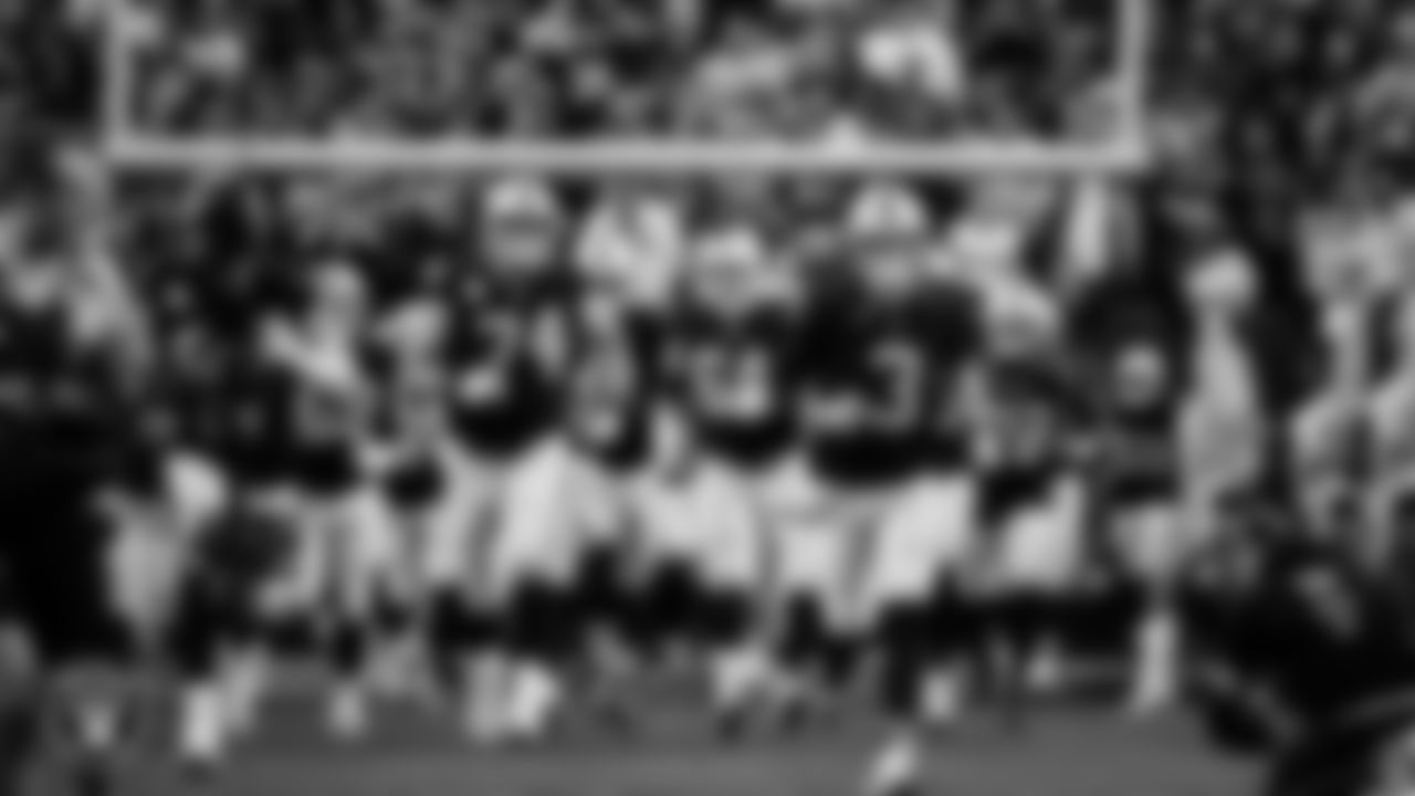 The Las Vegas Raiders are introduced onto the field before their regular season home game against the San Francisco 49ers at Allegiant Stadium.