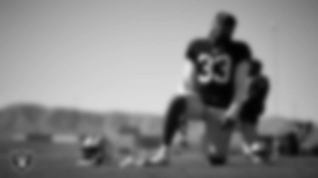 Las Vegas Raiders safety Roderic Teamer (33) during practice at Intermountain Health Performance Center.