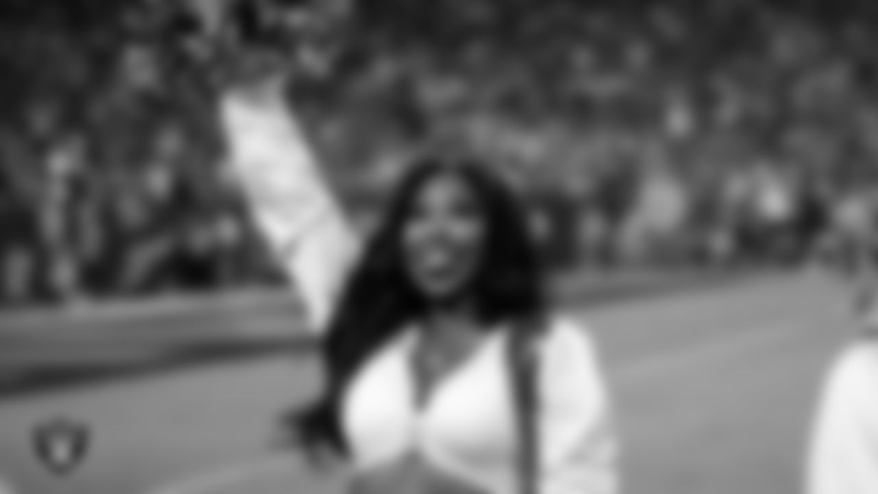 Raiderette Danielle on the sidelines during the regular season home game against the Green Bay Packers at Allegiant Stadium.