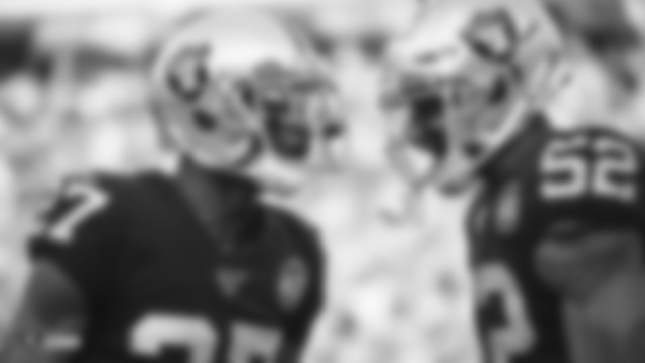Raiders cornerback Trayvon Mullen (27) celebrates with linebacker Marquel Lee (52) during the regular season game against the Jacksonville Jaguars.