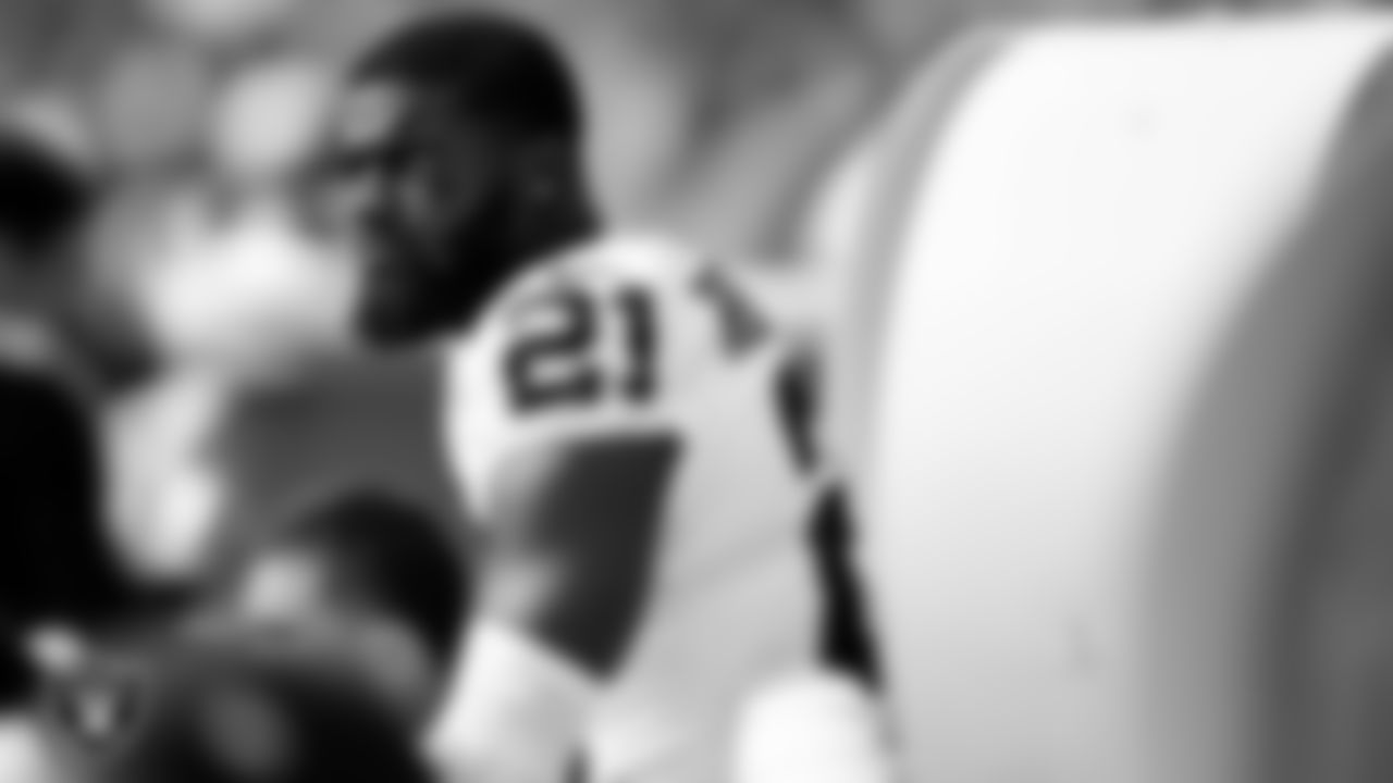 Las Vegas Raiders cornerback Amik Robertson (21) on the bench during the regular season away game against the Buffalo Bills at Highmark Stadium.