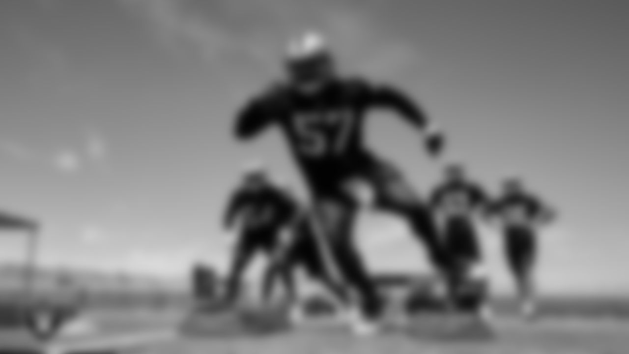 Las Vegas Raiders linebacker Asmar Bilal (57) at an Organized Team Activity (OTA).