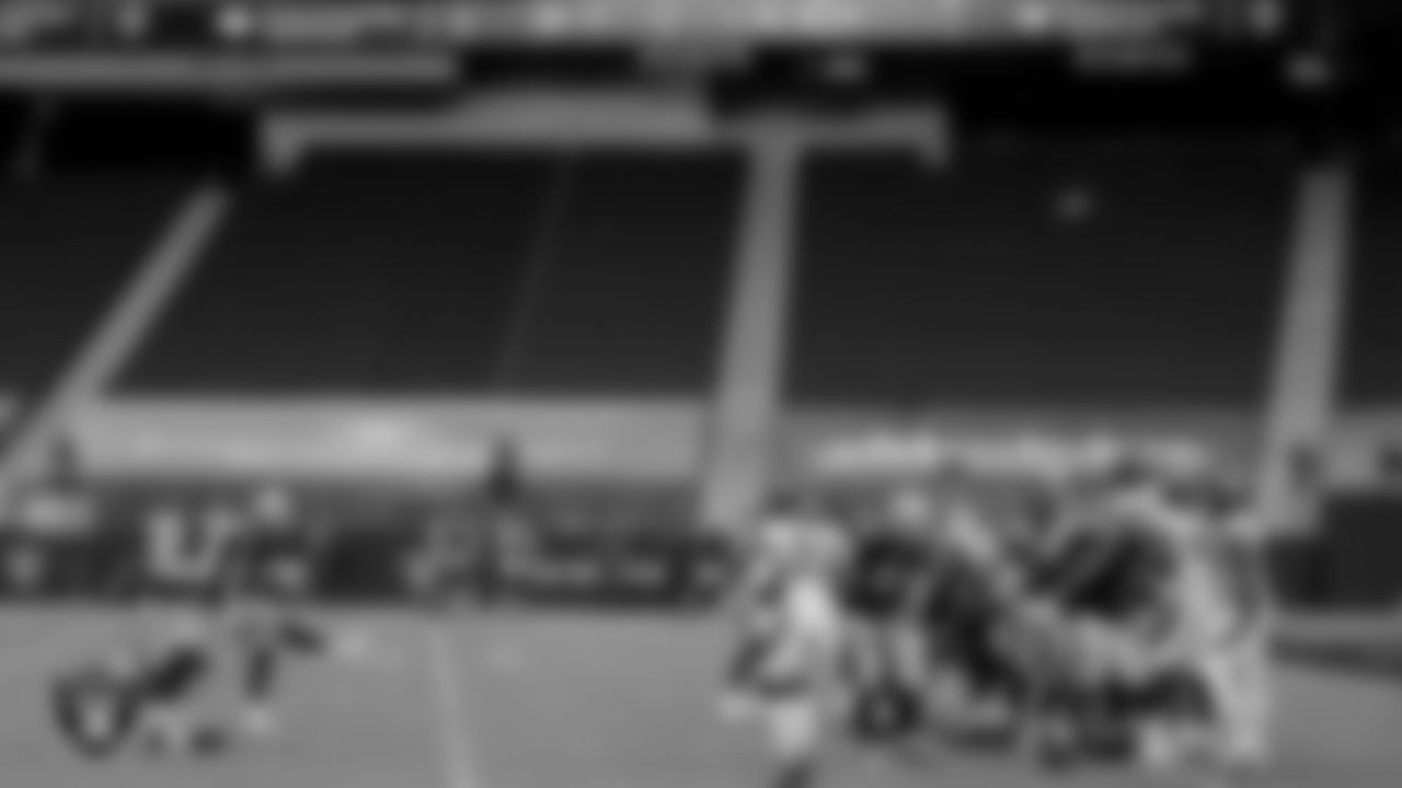 Las Vegas Raiders kicker Daniel Carlson (2) kicks a 22-yard field goal during the regular season game against the Denver Broncos at Allegiant Stadium.