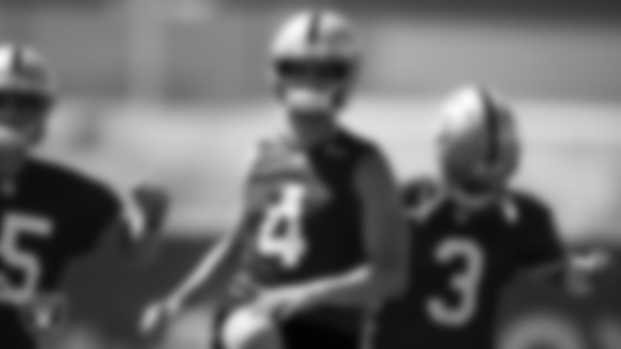 Las Vegas Raiders quarterback Derek Carr (4) at an Organized Team Activity (OTA).