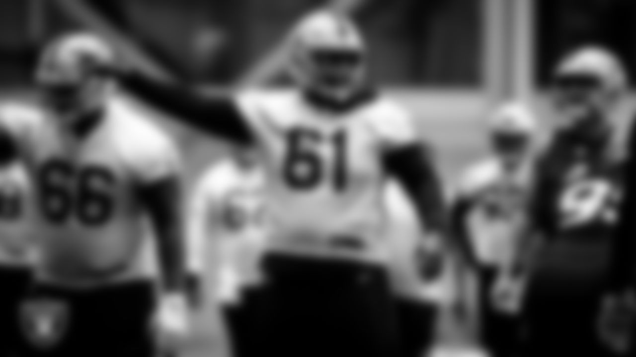 Las Vegas Raiders center Rodney Hudson (61) during practice.
