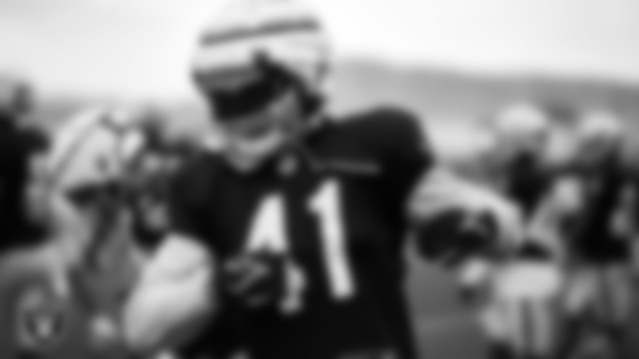 Las Vegas Raiders linebacker Robert Spillane (41) on the field for practice at 2023 Training Camp at Intermountain Health Performance Center.