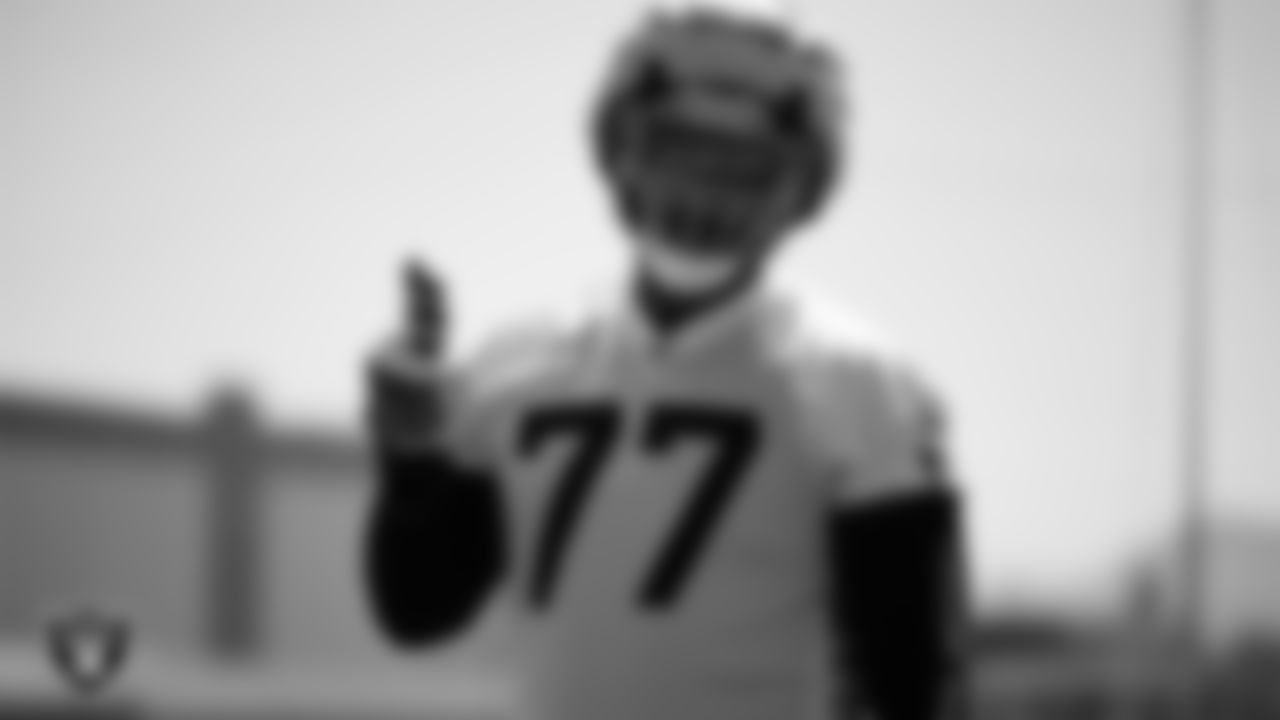 Las Vegas Raiders tackle Thayer Munford Jr. (77) during practice at Intermountain Health Performance Center.