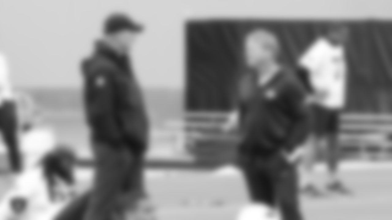 Raiders general manager Mike Mayock and head coach Jon Gruden at a workout during phase two of the offseason program at the Raiders Practice Facility in Alameda, Calif.