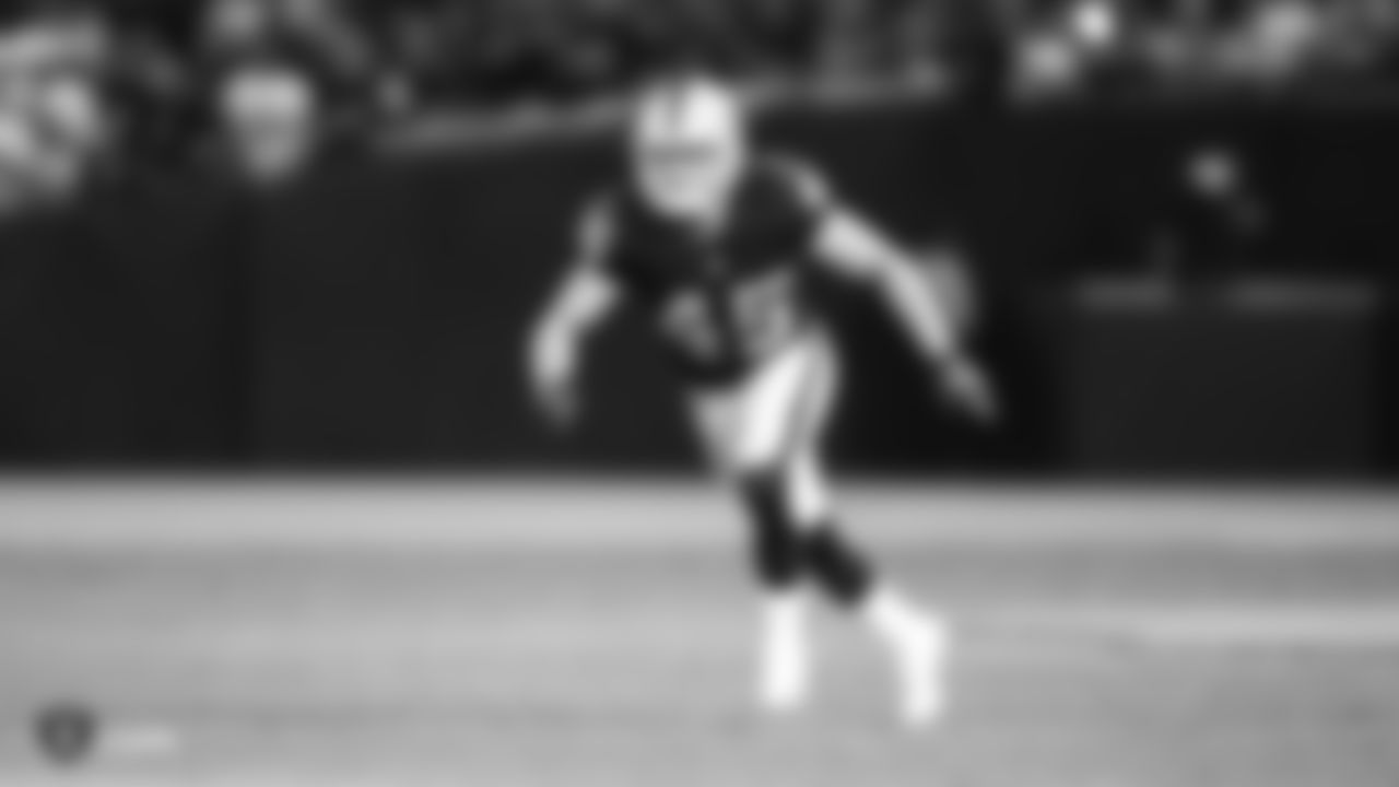 Oakland Raiders safety Dallin Leavitt (45) reads the Detroit Lions offense during The Oakland Raiders preseason game against the Detroit Lions at Oakland-Alameda County Coliseum, Friday, August 10, 2018, in Oakland, California. The Oakland Raiders won 16-10.