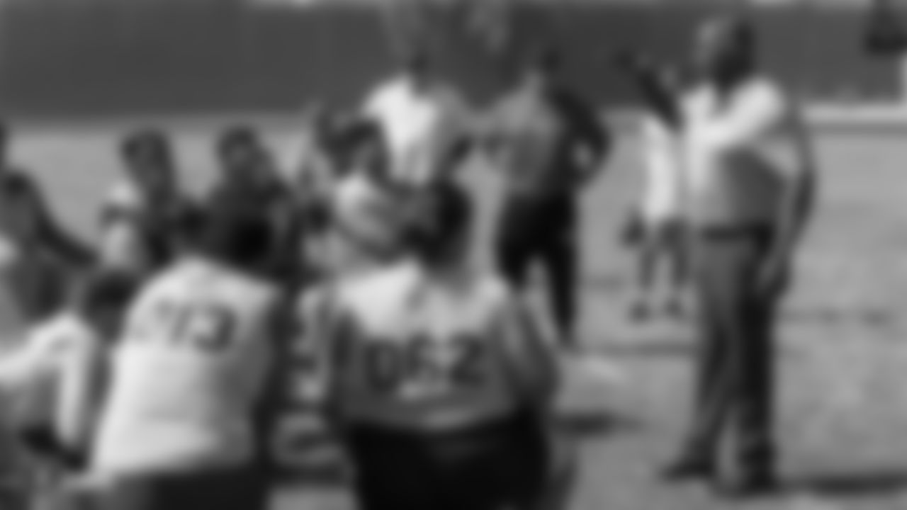 The Raiders, represented by alumnus Reggie Kinlaw, collaborate with the Southern Nevada Football Coaches Association to host an Offensive and Defensive Lineman Camp at Desert Oasis High School, Thursday, June 6, 2019, in Las Vegas, Nevada.