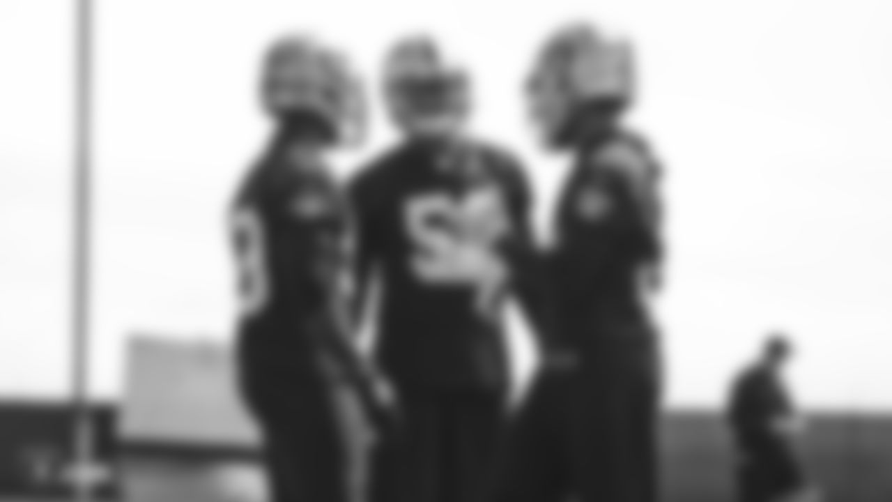 Oakland Raiders linebacker Tahir Whitehead (59), linebacker Derrick Johnson (56), and cornerback Gareon Conley (21)on the field for practice at The Oakland Raiders Practice Facility, Thursday, October 4, 2018, in Alameda, California.