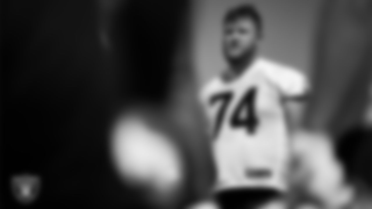 Las Vegas Raiders tackle Kolton Miller (74) on the field for practice at 2023 Training Camp at Intermountain Health Performance Center.