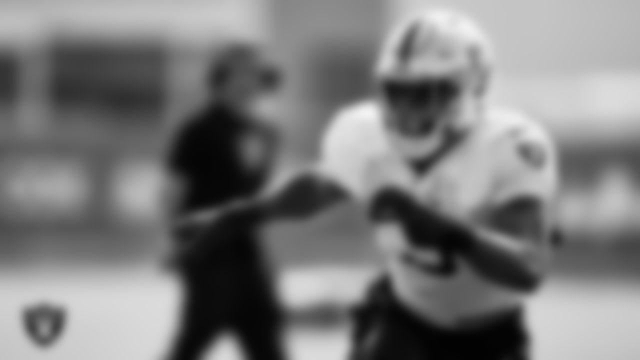 Las Vegas Raiders linebacker Divine Deablo (5) during practice at Intermountain Healthcare Performance Center.