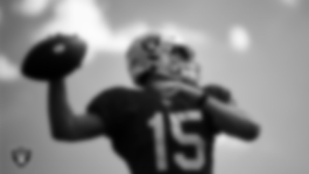Las Vegas Raiders quarterback Chase Garbers (15) during practice at Intermountain Healthcare Performance Center.