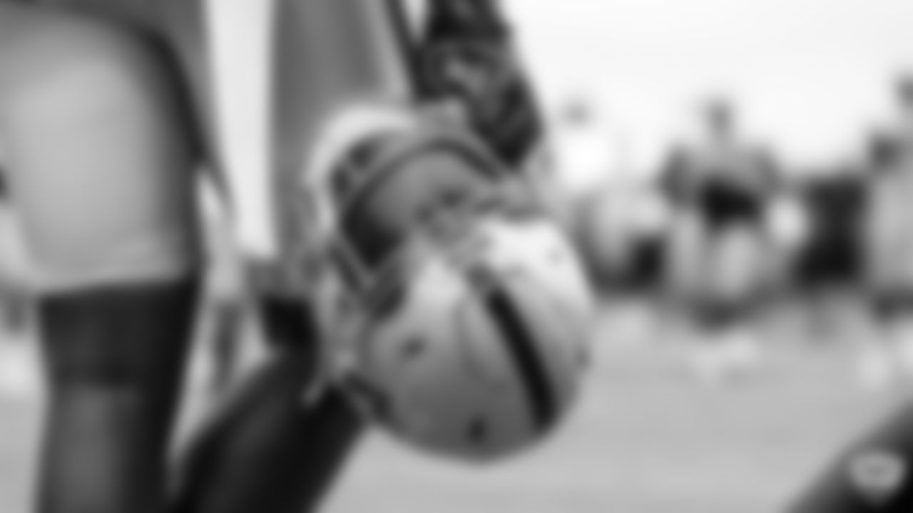 A Raiders helmet on the field for practice at 2019 Training Camp.