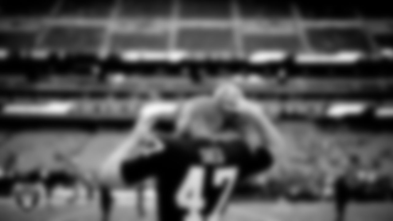 Las Vegas Raiders long snapper Trent Sieg (47) warming up before the regular season home game against the Baltimore Ravens.