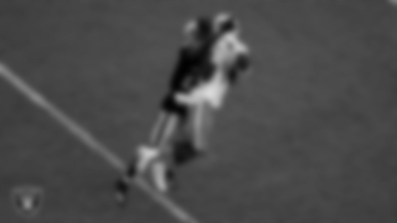 Las Vegas Raiders cornerback Trayvon Mullen Jr. (27) breaks up a pass during the regular season home game against the Miami Dolphins.