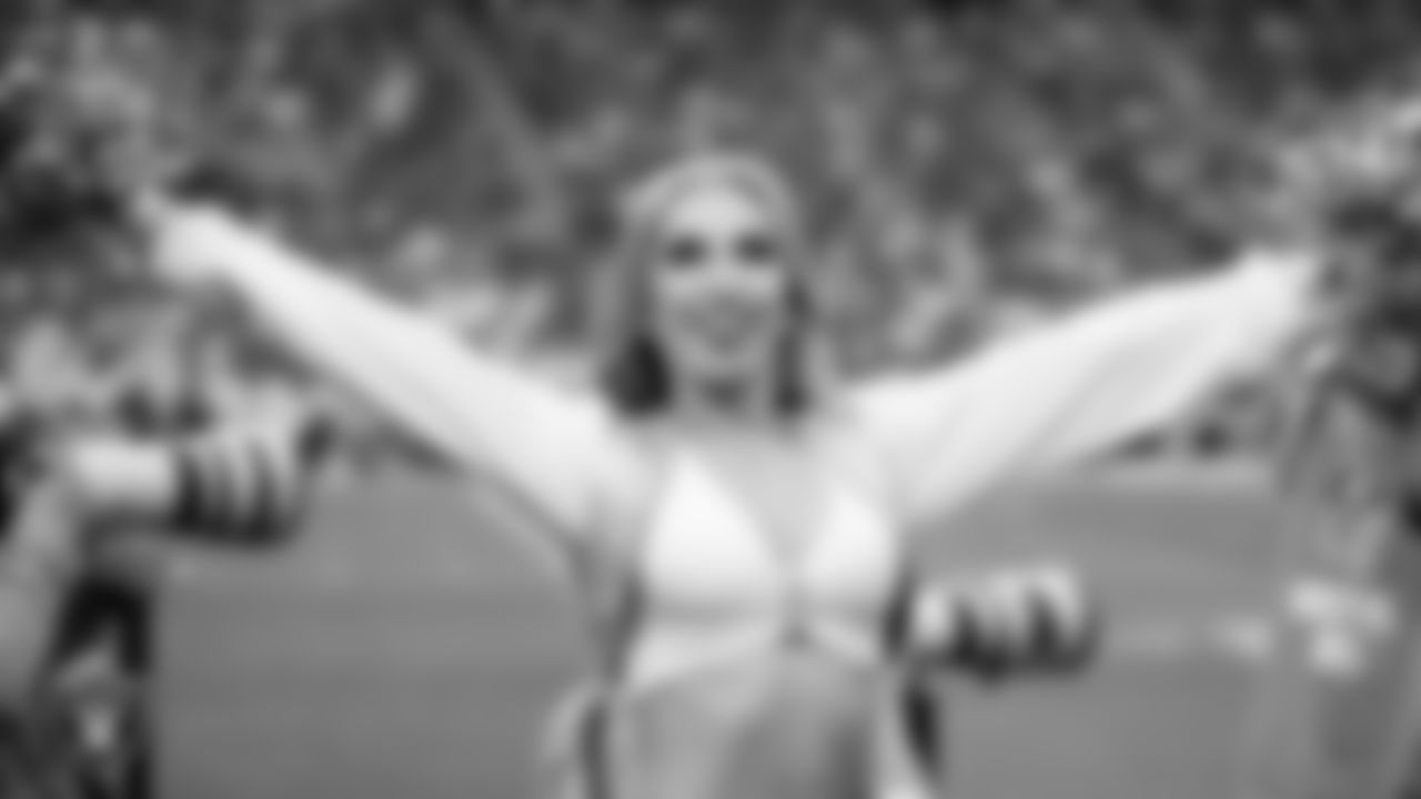 Raiderette Lilah on the sidelines during the regular season home game against the Los Angeles Chargers at Allegiant Stadium.