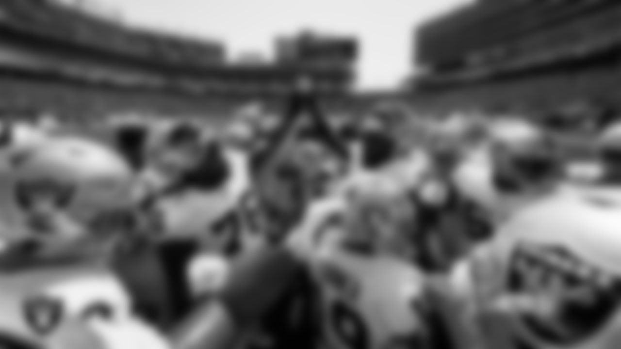 The Las Vegas Raiders huddle during warm ups before the preseason away game against the San Francisco 49ers.