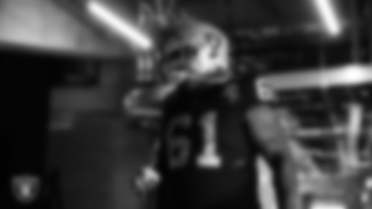 Las Vegas Raiders center Rodney Hudson (61) walks down the tunnel before the regular season home game against the Los Angeles Chargers.