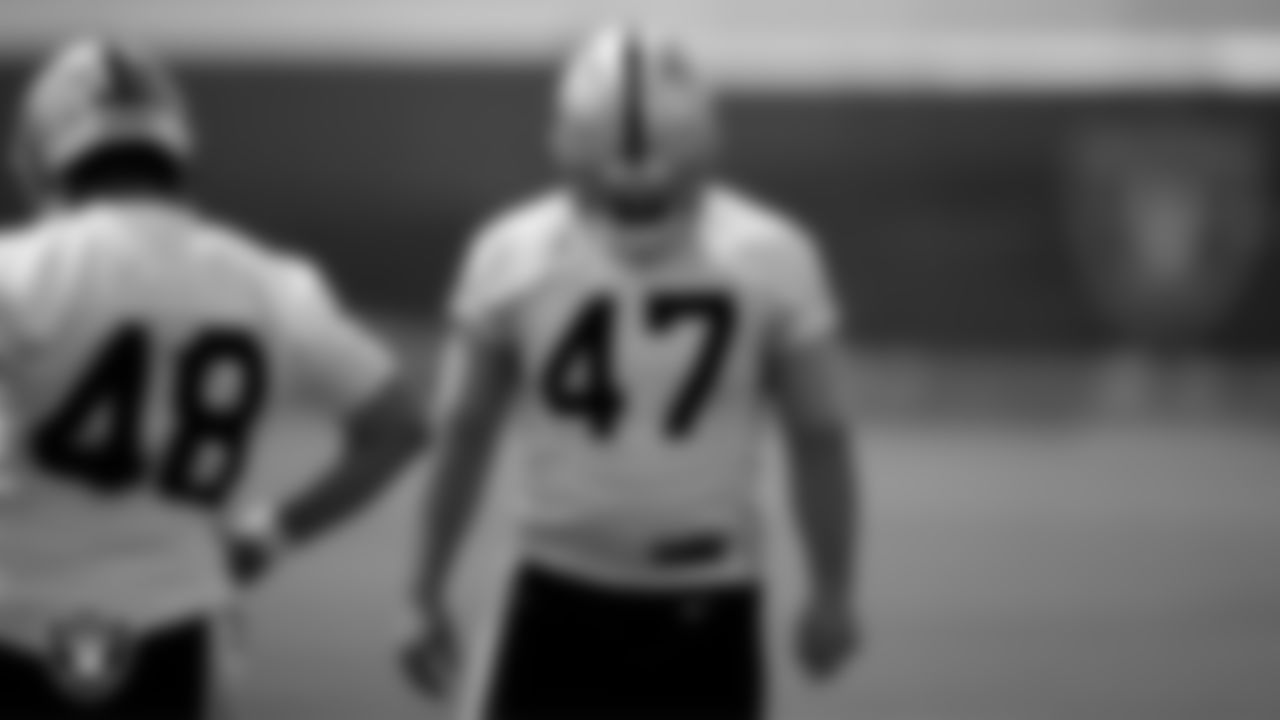 Las Vegas Raiders long snapper Liam McCullough (48) and long snapper Trent Sieg (47) at an Organized Team Activity (OTA).