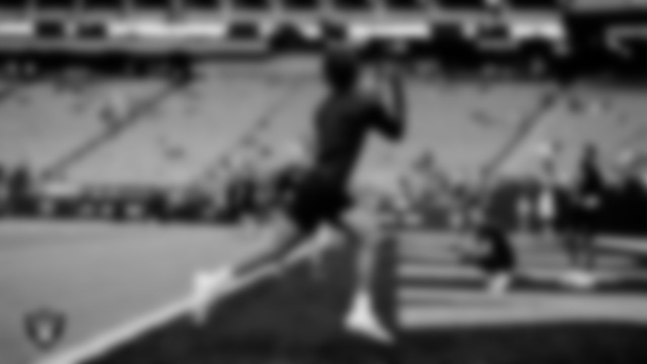 Las Vegas Raiders wide receiver Tyron Johnson (17) warming up before the regular season home game against the Denver Broncos.