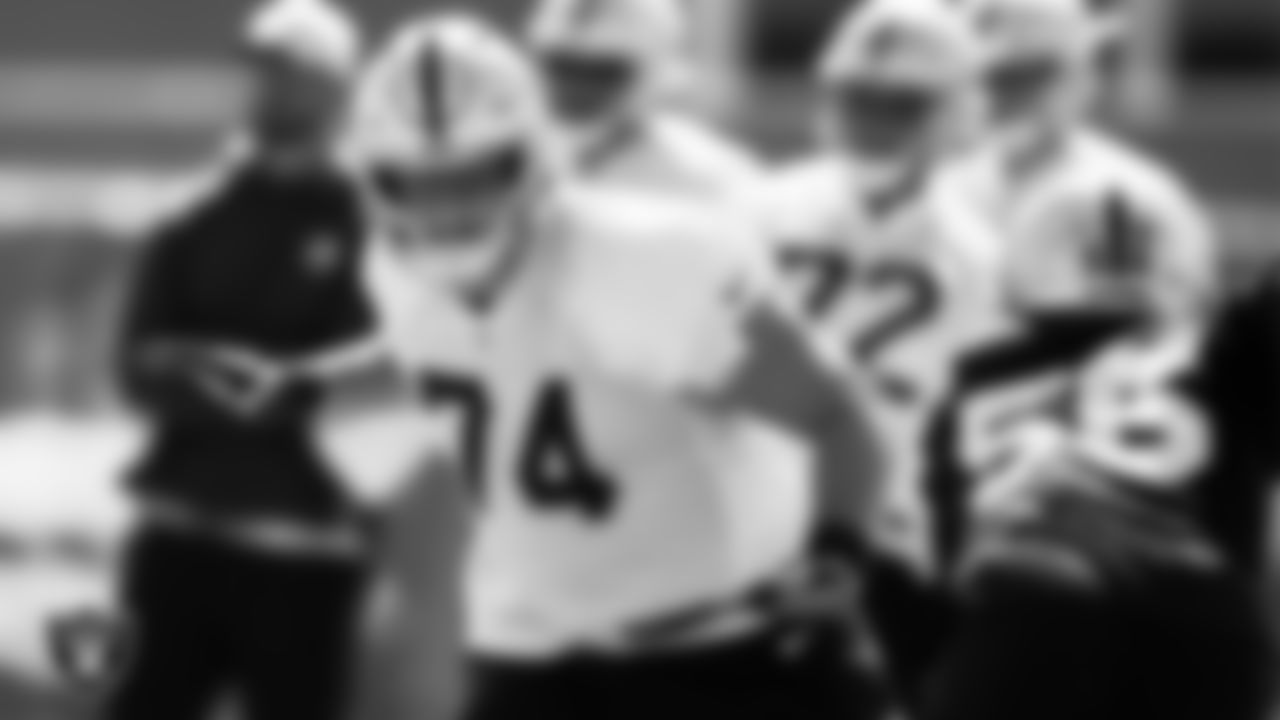 Las Vegas Raiders tackle Kolton Miller (74) during practice at Intermountain Healthcare Performance Center.