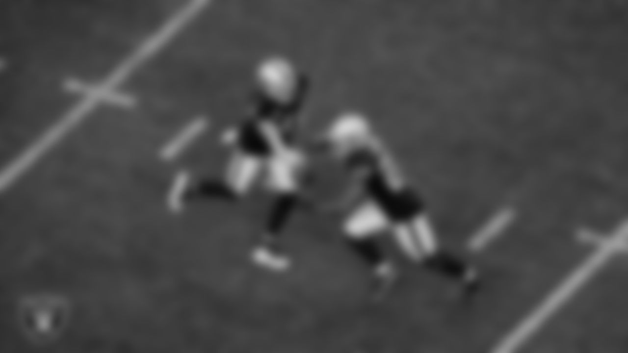 Las Vegas Raiders quarterback Derek Carr (4) and running back Josh Jacobs (28) during the regular season home game against the New England Patriots at Allegiant Stadium.
