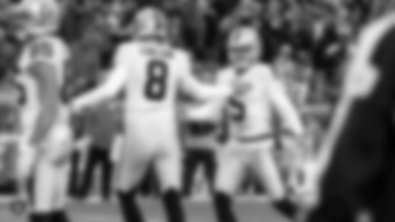 Oakland Raiders tight end Derek Carrier (85), kicker Daniel Carlson (8), and punter Johnny Townsend (5) during the Oakland Raiders regular season game against the Kansas City Chiefs at Arrowhead Stadium, Sunday, December 30, 2018, in Kansas City, Missouri. The Oakland Raiders lost 35-3.