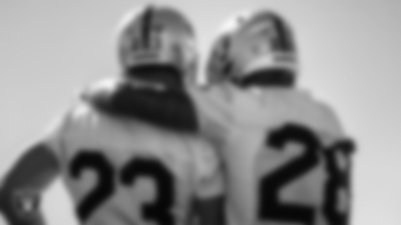 Las Vegas Raiders running back Devontae Booker (23) and running back Josh Jacobs (28) during practice.