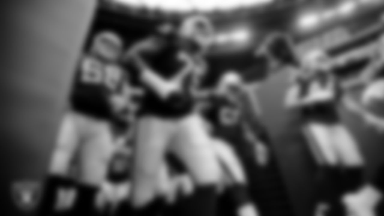The Raiders are introduced before the regular season game against the Buffalo Bills at Allegiant Stadium.