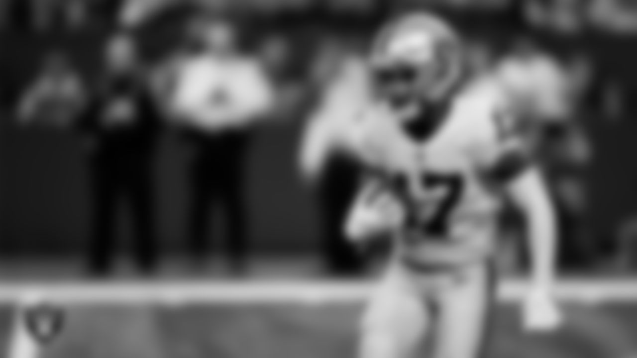 Las Vegas Raiders wide receiver Tyron Johnson (17) returns a kickoff during the regular season away game against the Indianapolis Colts.