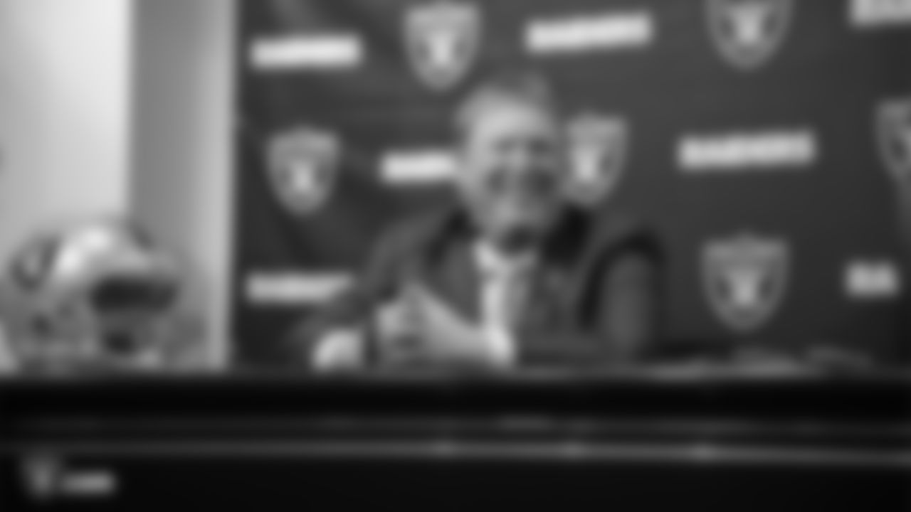 Oakland Raiders owner Mark Davis and head coach Jon Gruden introduce Mike Mayock as the general manager of the Oakland Raiders at a press conference, Monday, December 31, 2018, in Alameda, California.