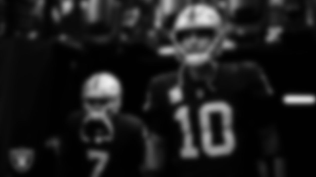Las Vegas Raiders quarterback Jimmy Garoppolo (10) walks down the tunnel before the regular season home game against the Pittsburgh Steelers at Allegiant Stadium.