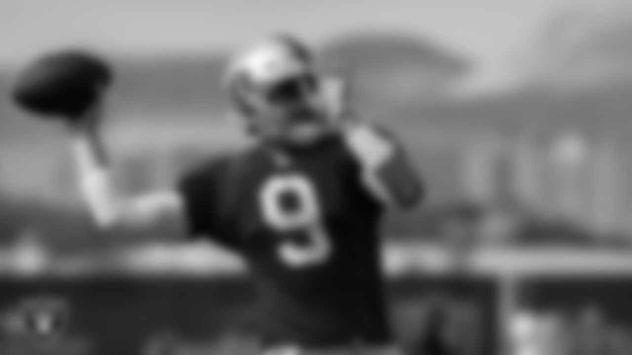 Las Vegas Raiders quarterback Nick Mullens (9) on the field for practice at 2022 Training Camp at Intermountain Healthcare Performance Center.