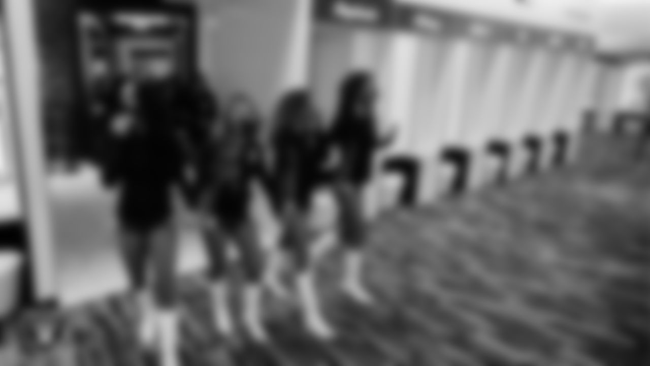 Raiderettes Monica G., Helina, Madyson and Kristina see their locker room for the first time at Allegiant Stadium.