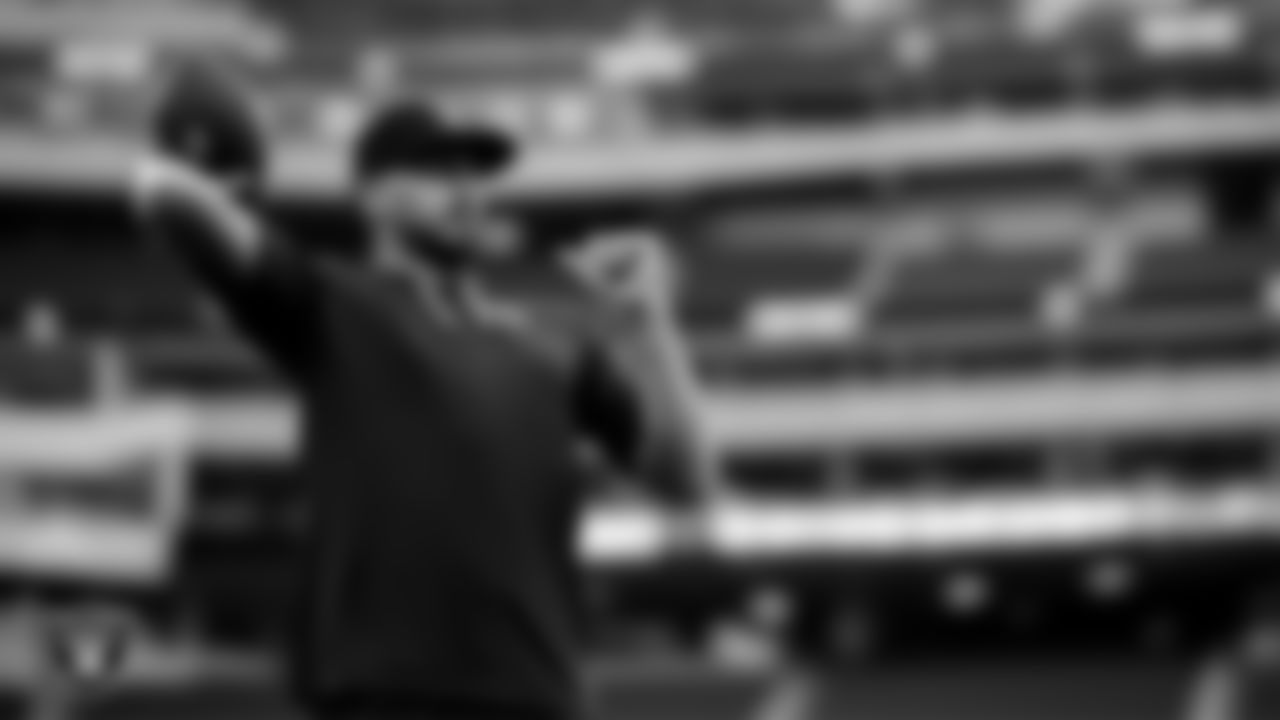 Las Vegas Raiders quarterback Brian Hoyer (7) warming up before the regular season away game against the Los Angeles Chargers at SoFi Stadium.