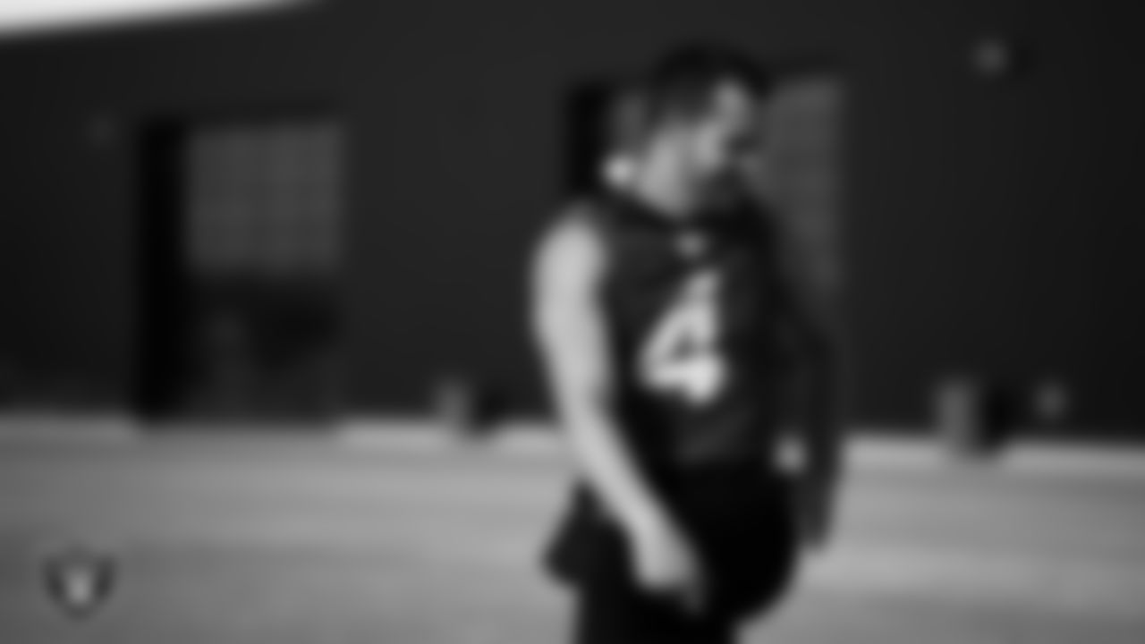 Las Vegas Raiders quarterback Derek Carr (4) during practice at Intermountain Healthcare Performance Center.