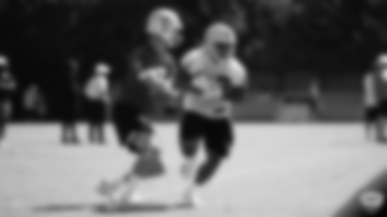 Oakland Raiders quarterback Mike Glennon (7) and running back Josh Jacobs (28) on the field for practice at 2019 Training Camp.
