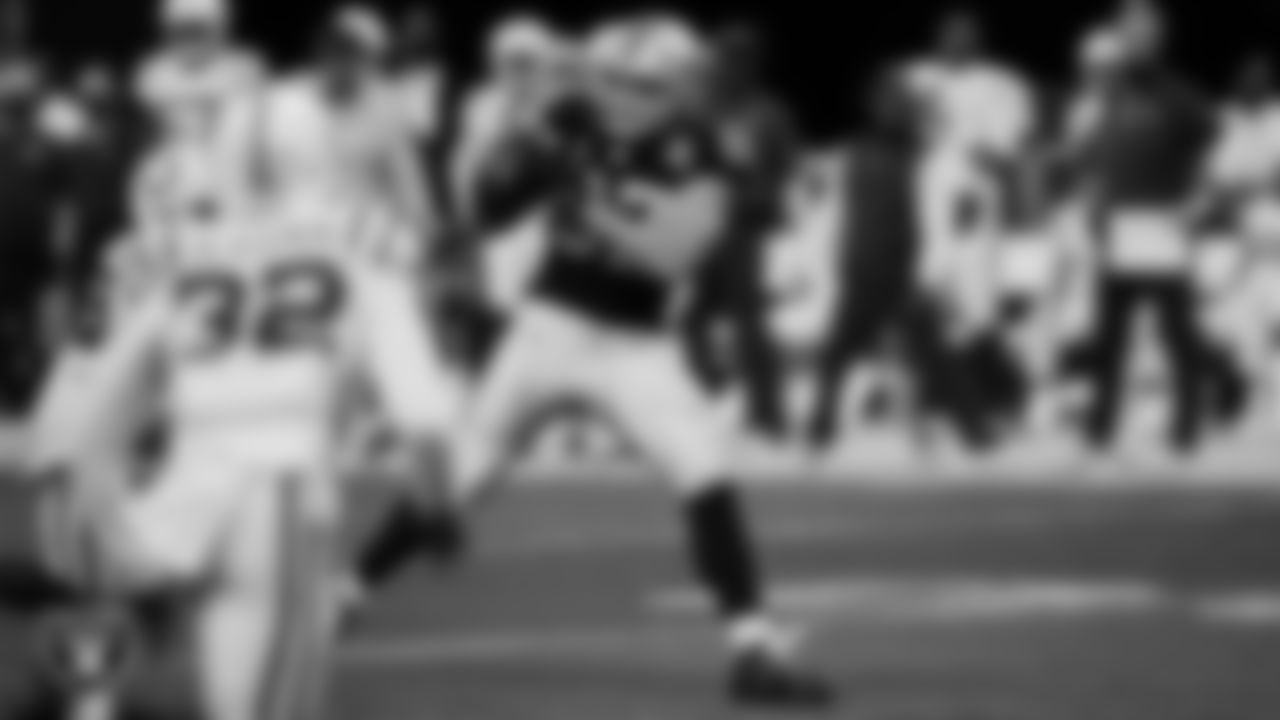 Las Vegas Raiders tight end Foster Moreau (87) makes a catch and takes it 47-yard for a touchdown during the regular season home game against the Indianapolis Colts at Allegiant Stadium, Sunday, December 13, 2020, in Las Vegas, Nev.