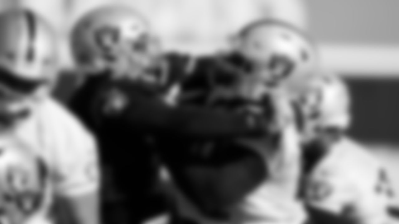 Las Vegas Raiders defensive tackle Solomon Thomas (92) and guard Jordan Simmons (60) during practice at Intermountain Healthcare Performance Center.