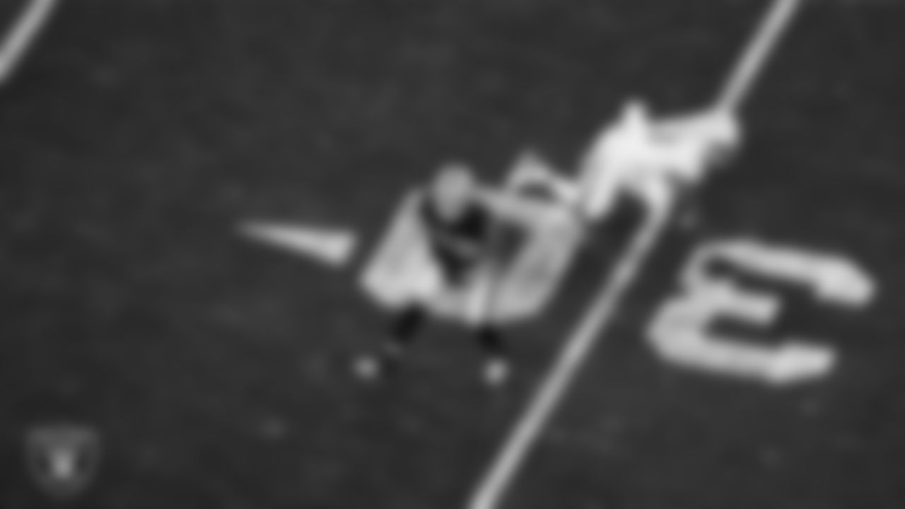 Las Vegas Raiders safety Dallin Leavitt (32) celebrates after making a tackle during the regular season home game against the Los Angeles Chargers.