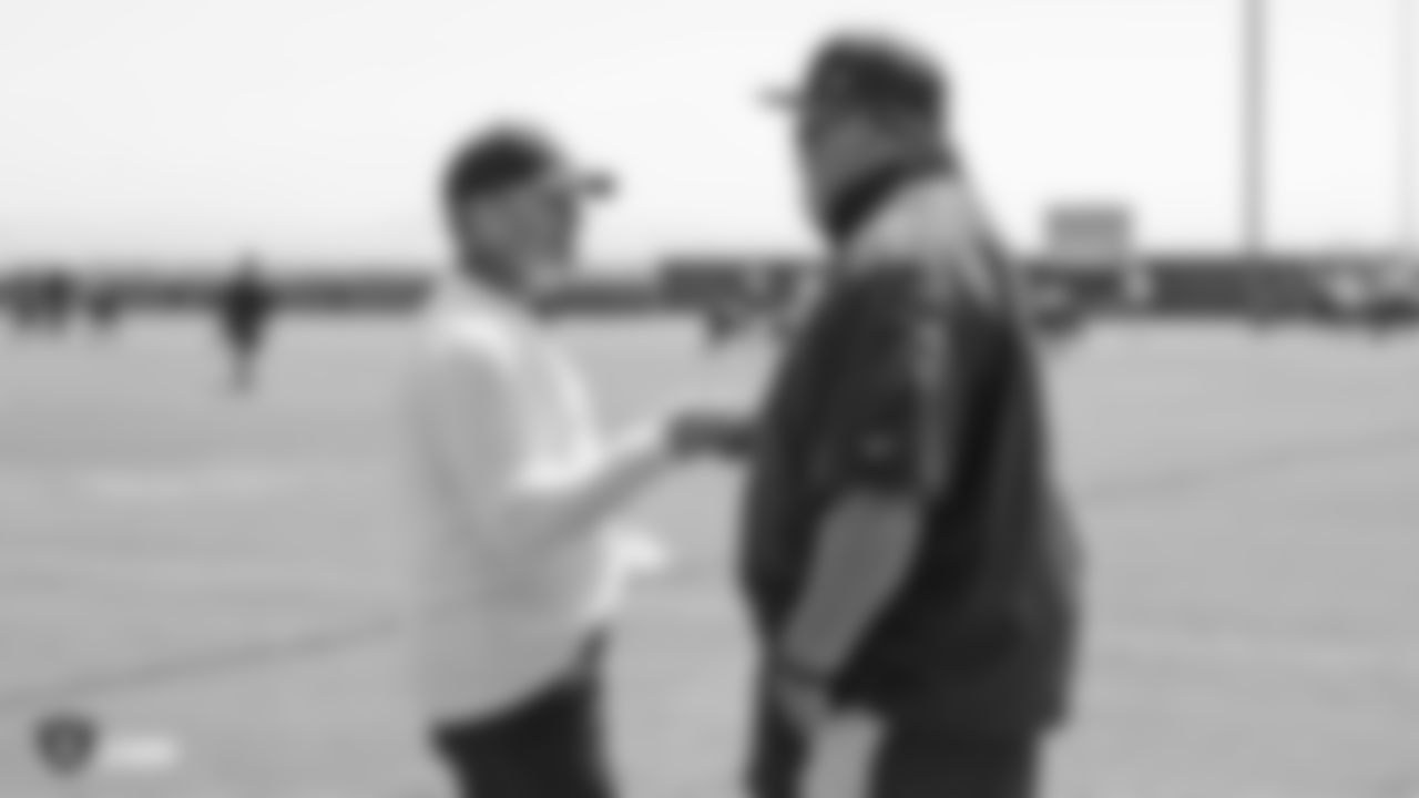 Oakland Raiders head coach Jon Gruden and general manager Reggie McKenzie at an Organized Team Activity (OTA) at the Oakland Raiders Practice Facility, Tuesday, May 29, 2018, in Alameda, California.