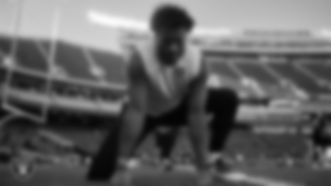 Las Vegas Raiders defensive end Malcolm Koonce (51) warming up before the regular season away game against the Kansas City Chiefs.