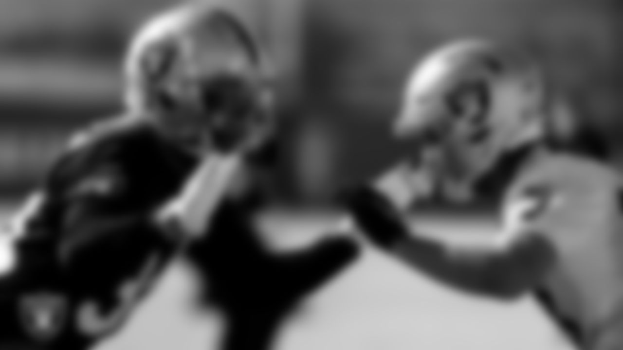 Las Vegas Raiders defensive back Kemah Siverand (34) and wide receiver Hunter Renfrow (13) during practice at Intermountain Healthcare Performance Center.
