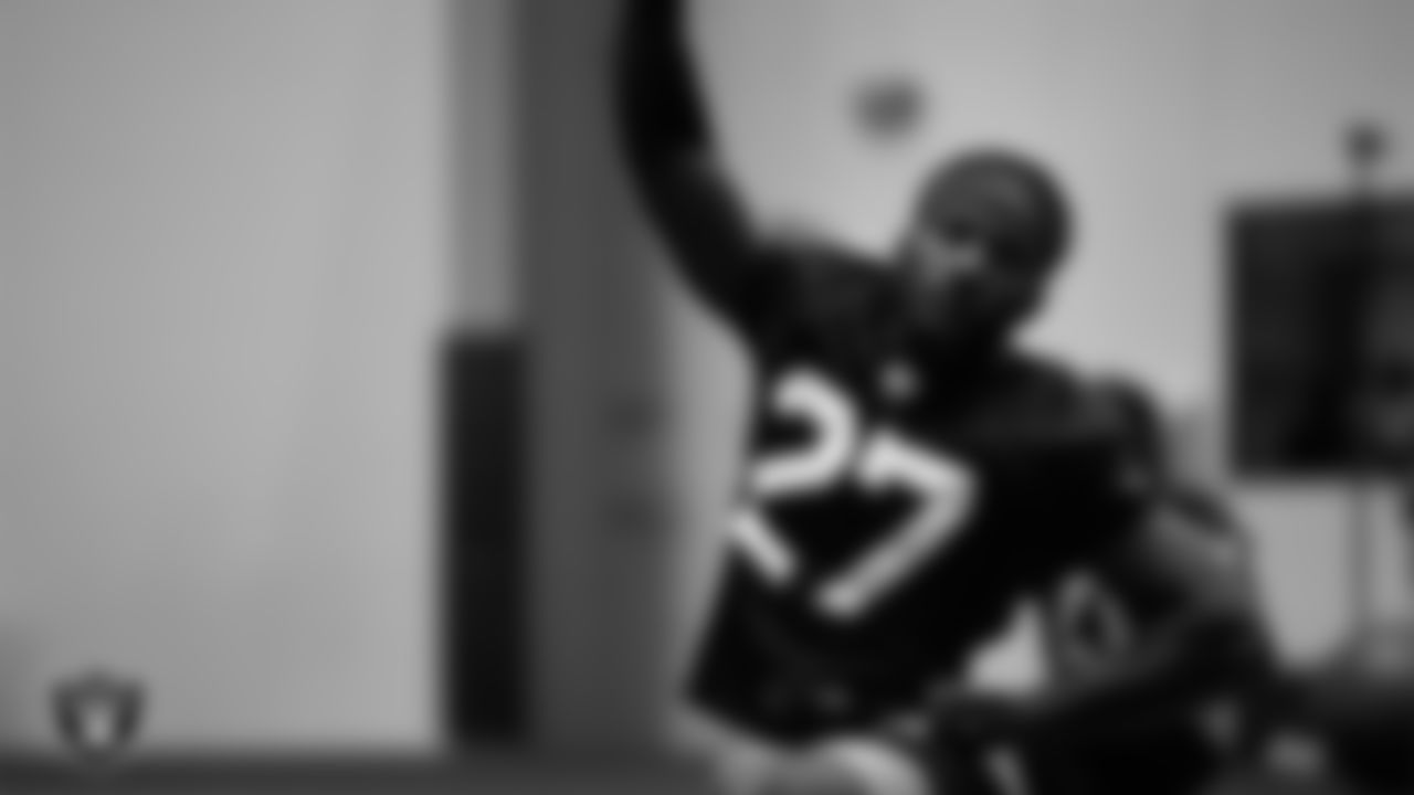 Las Vegas Raiders cornerback Sam Webb (27) during practice at Intermountain Healthcare PerformanceCenter.