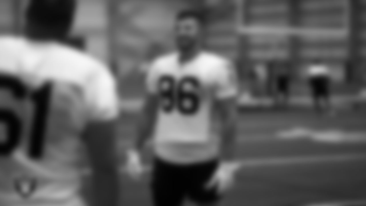 Las Vegas Raiders tight end John Samuel Shenker (86) on the field for practice at 2023 Training Camp at Intermountain Health Performance Center.