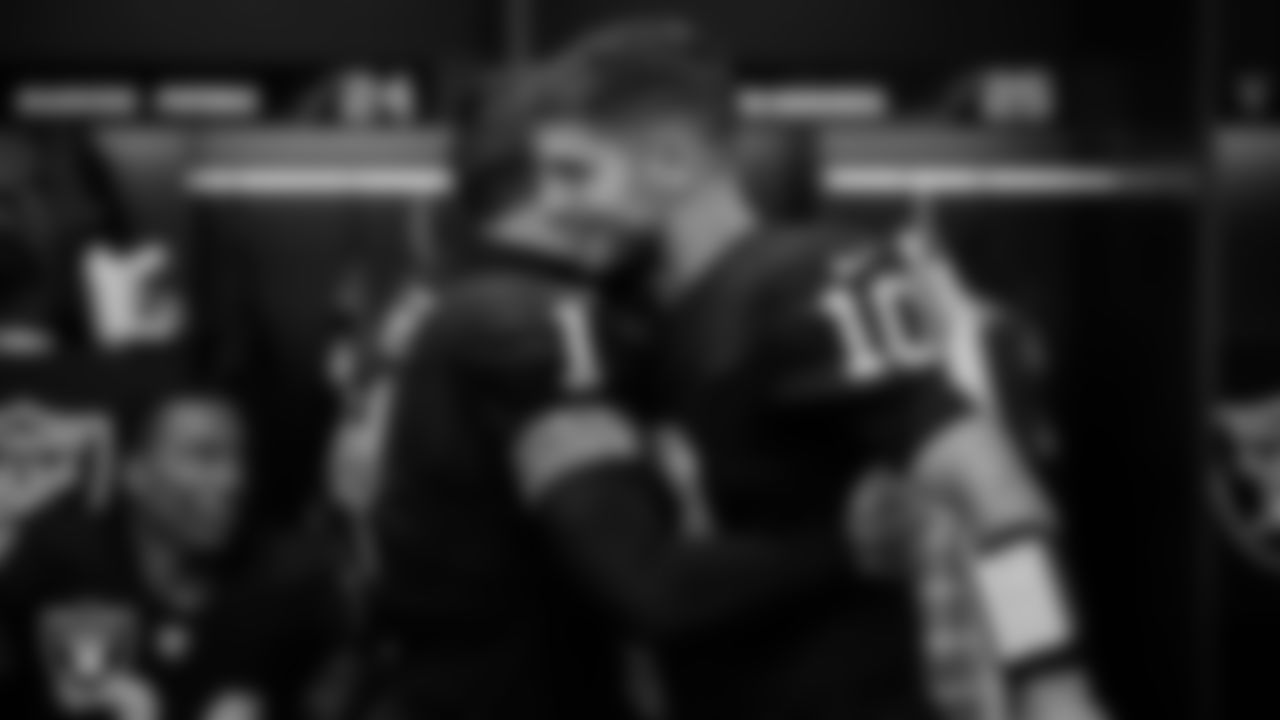 Las Vegas Raiders safety Marcus Epps (1) and quarterback Jimmy Garoppolo (10) in the locker room after the regular season home game against the Green Bay Packers at Allegiant Stadium.