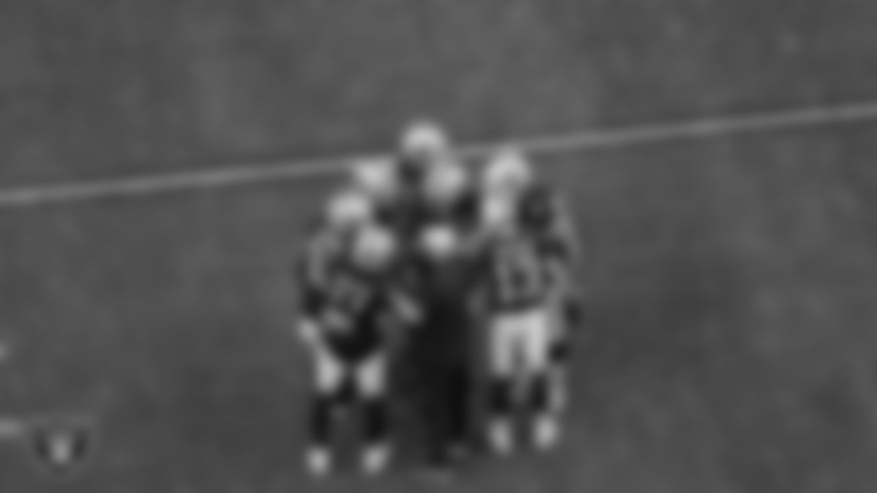 The Raiders huddle before the regular season game against the Indianapolis Colts at Allegiant Stadium.